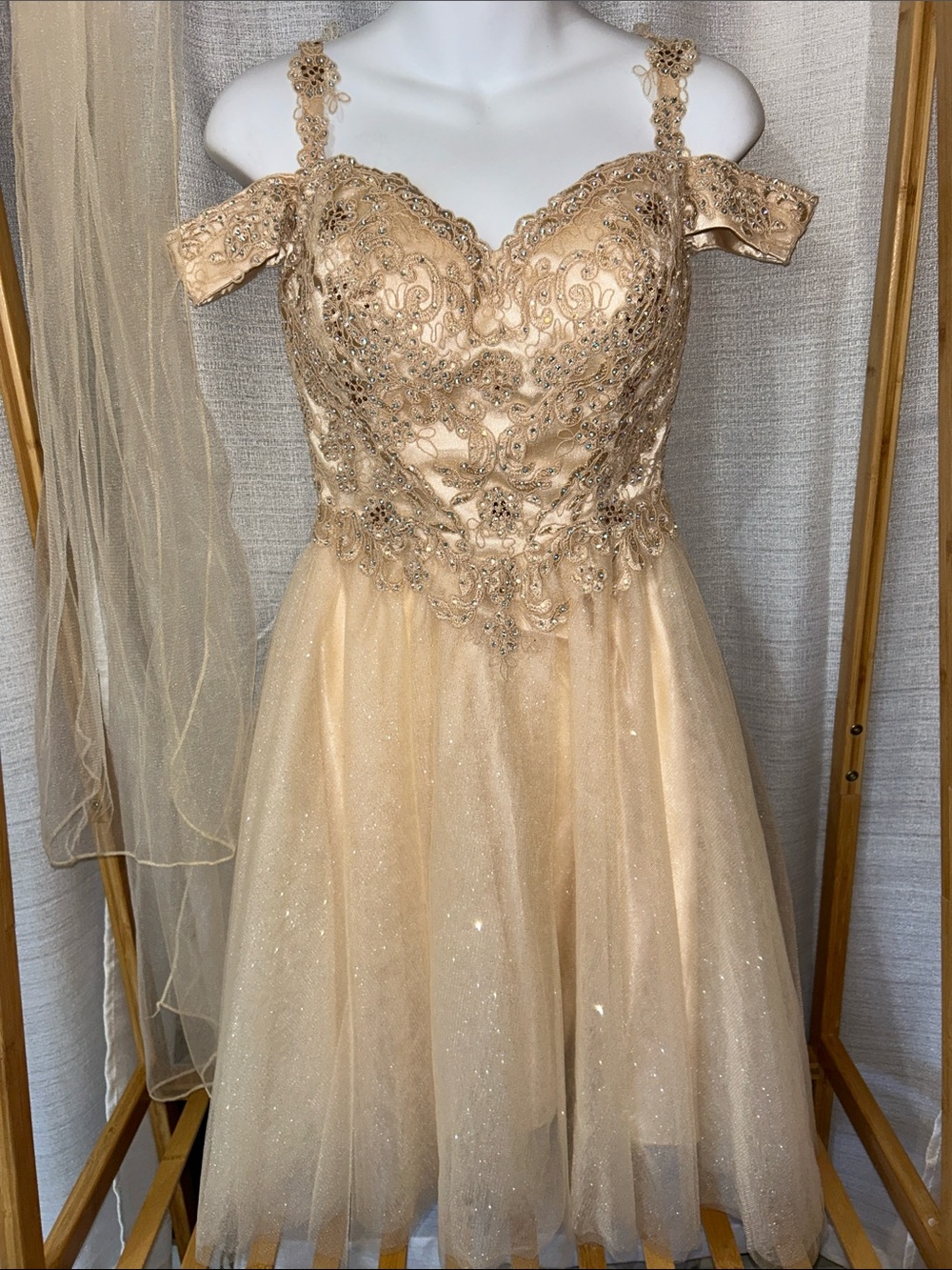Cinderella Divine Gold Lace & Sparkle Tulle Off-Shoulder Party Dress